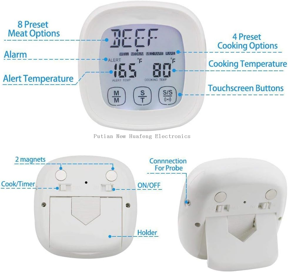 Termómetro digital para alimentos con pantalla táctil, termómetro para carne de lectura instantánea para horno de alta sensibilidad ShowTop con alerta de temporizador Sonda larga para alimentos para cocinar, barbacoa, hornear