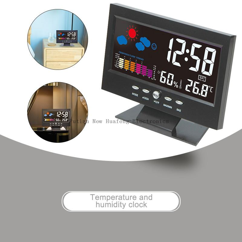 Reloj de control de sonido meteorológico con hora, fecha, semana, temperatura, humedad, función de pronóstico del tiempo