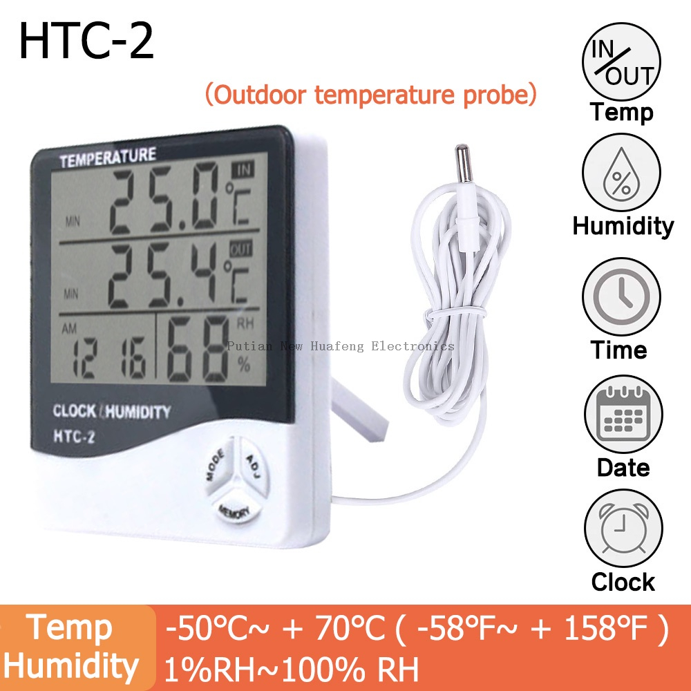 Reloj HTC-2 Digital para interiores y exteriores, termómetro, higrómetro, temperatura meteorológica, registro máximo y mínimo