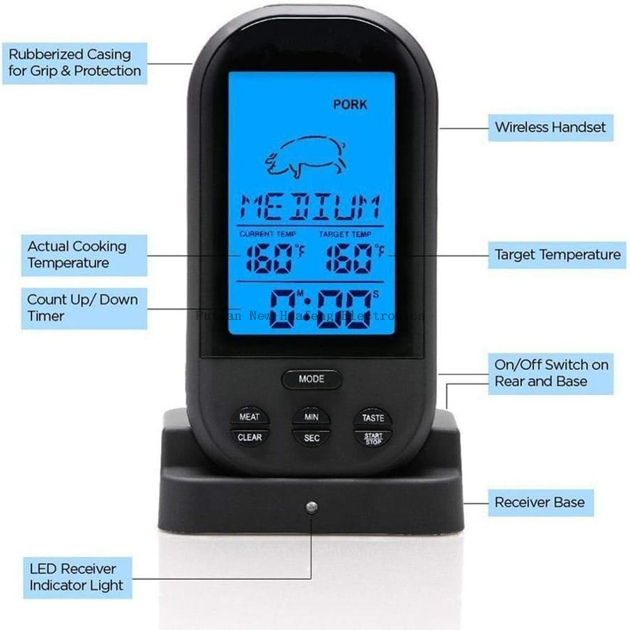 Termómetro digital para carne, termómetro remoto inalámbrico para alimentos, temporizador de carne y pescado para ahumador impermeable