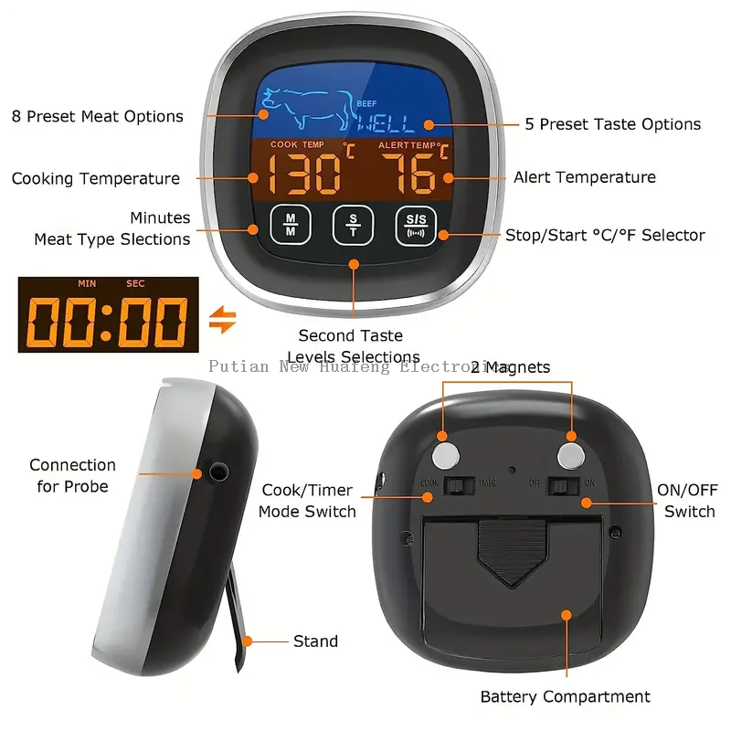 Termómetro digital para carne con pantalla táctil LCD grande, con sonda larga, temporizador de cocina, retroiluminación de lectura instantánea para ahumador, cocina, horno de barbacoa, termómetro para parrilla, termómetro para cocinar alimentos y carne