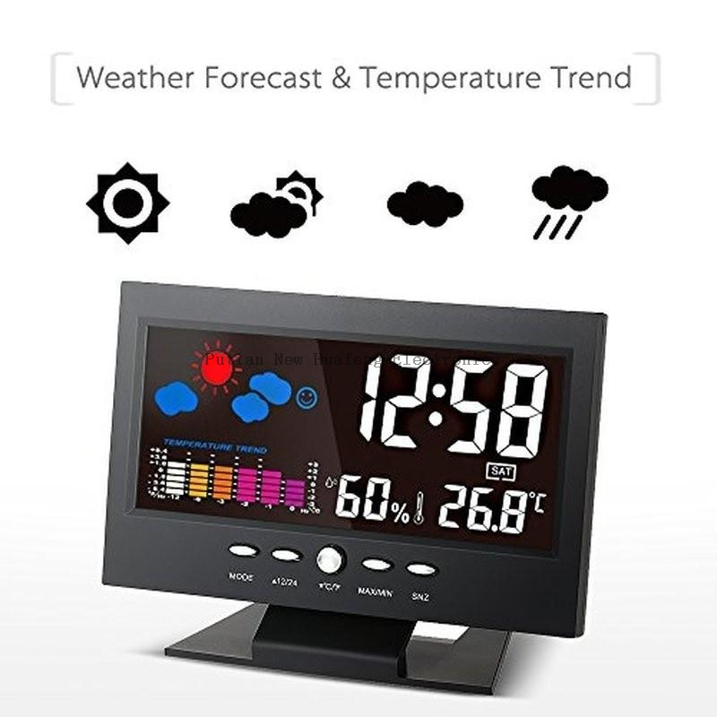 Reloj de control de sonido meteorológico con hora, fecha, semana, temperatura, humedad, función de pronóstico del tiempo