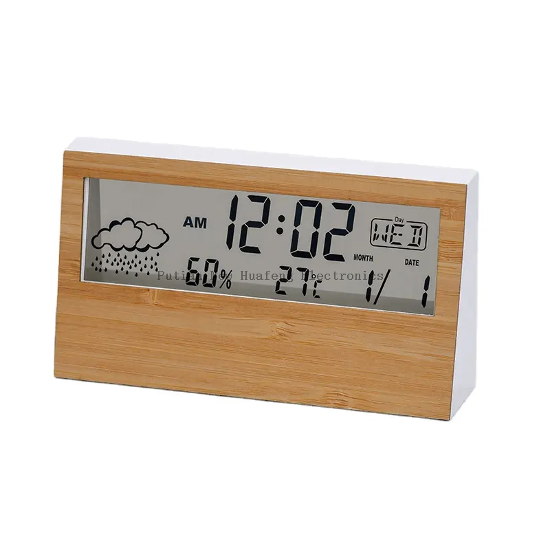 Reloj clásico multifunción vendedor caliente de la estación meteorológica 2023 reloj de mesa de bambú de la alarma del tiempo de la exhibición del LCD