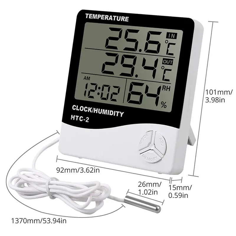 Reloj HTC-2 Digital para interiores y exteriores, termómetro, higrómetro, temperatura meteorológica, registro máximo y mínimo