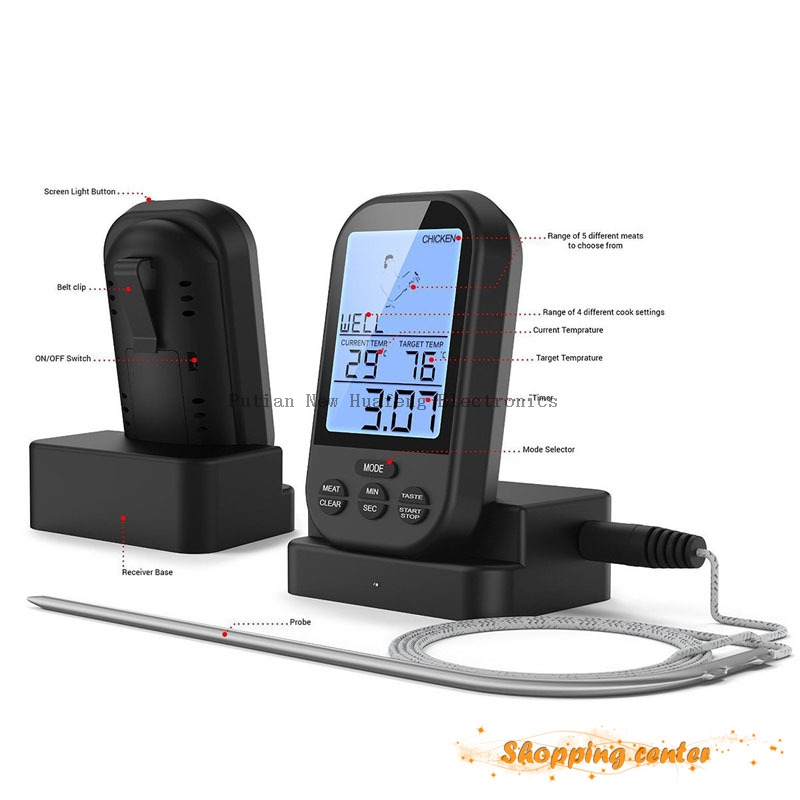 Termómetro digital para carne, termómetro remoto inalámbrico para alimentos, temporizador de carne y pescado para ahumador impermeable