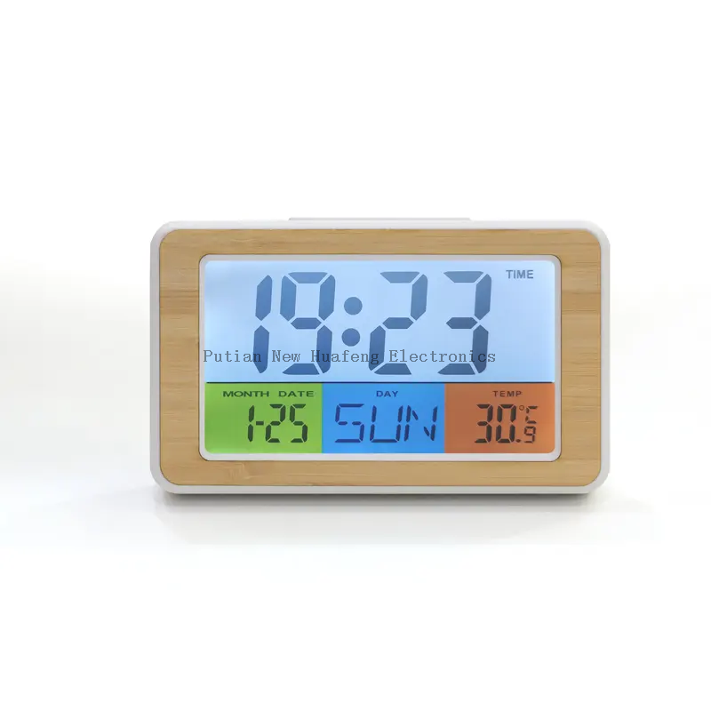 Reloj despertador Digital de bambú colorido profesional, venta al por mayor, con termómetro higrómetro para sala de estar, novedad de 2023