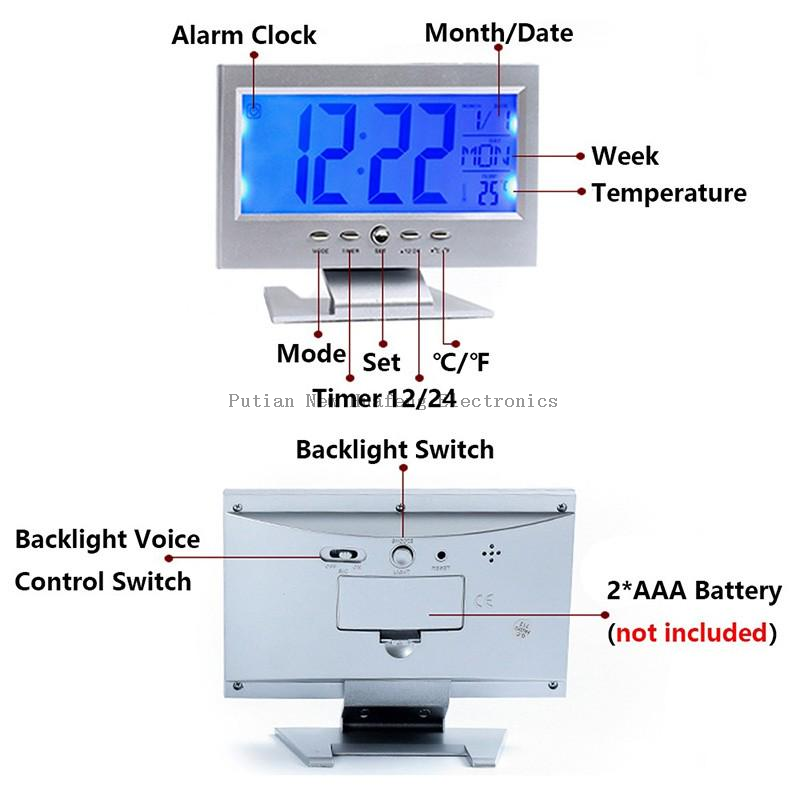 Reloj digital LCD Reloj despertador con calendario perpetuo activado por voz con visualización de hora/fecha/semana/temperatura