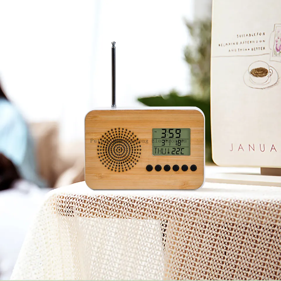Despertador superior de bambú del reloj LCD de la radio FM de la decoración del hogar del nuevo diseño caliente de la venta