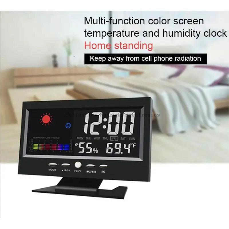 Reloj de control de sonido meteorológico con hora, fecha, semana, temperatura, humedad, función de pronóstico del tiempo