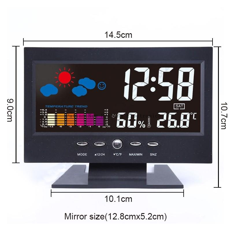 Reloj de control de sonido meteorológico con hora, fecha, semana, temperatura, humedad, función de pronóstico del tiempo