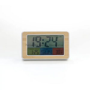 Reloj despertador Digital de bambú colorido profesional, venta al por mayor, con termómetro higrómetro para sala de estar, novedad de 2023