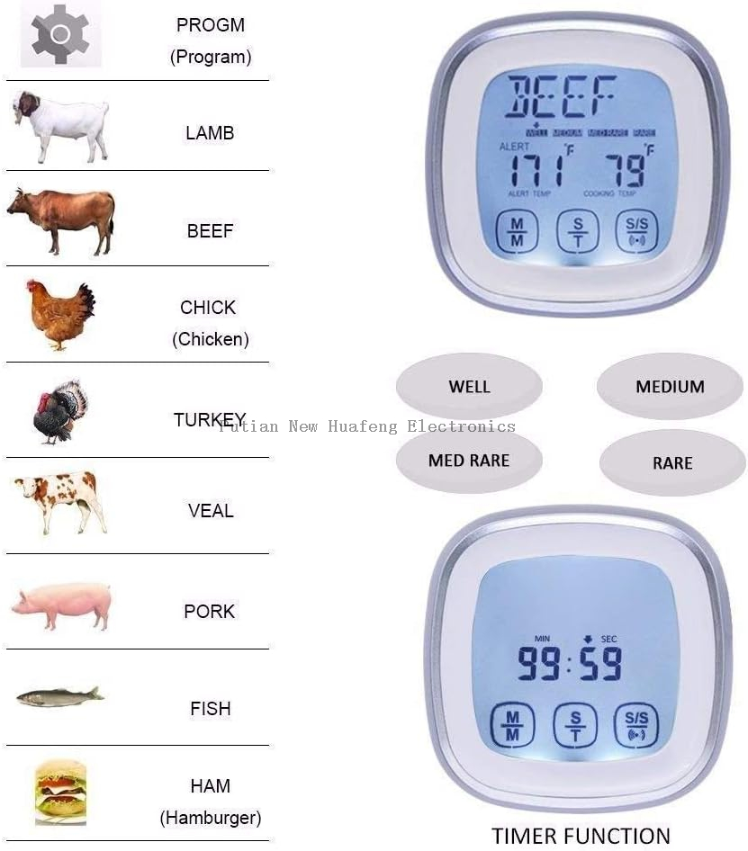 Termómetro digital para alimentos con pantalla táctil, termómetro para carne de lectura instantánea para horno de alta sensibilidad ShowTop con alerta de temporizador Sonda larga para alimentos para cocinar, barbacoa, hornear