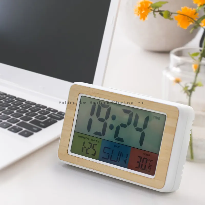 Reloj despertador Digital de bambú colorido profesional, venta al por mayor, con termómetro higrómetro para sala de estar, novedad de 2023