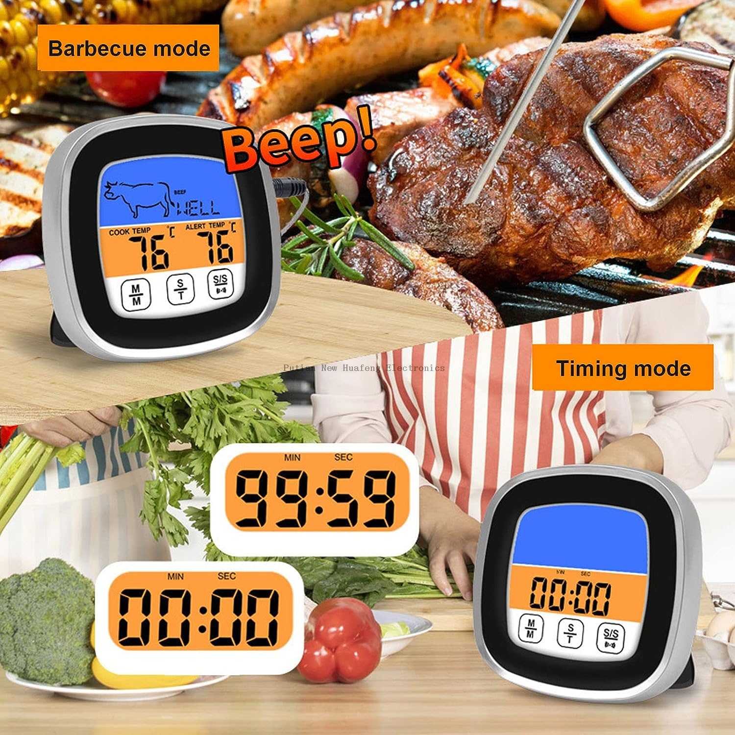 2023 NUEVO TERMÓMETRO PARA CARNE PARA BARBACOA CON PANTALLA TÁCTIL CUADRADA Y TEMPORIZADOR EN PANTALLA A COLOR