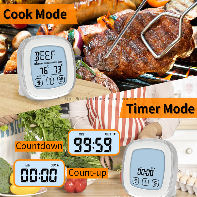 Termómetro digital para alimentos con pantalla táctil, termómetro para carne de lectura instantánea para horno de alta sensibilidad ShowTop con alerta de temporizador Sonda larga para alimentos para cocinar, barbacoa, hornear