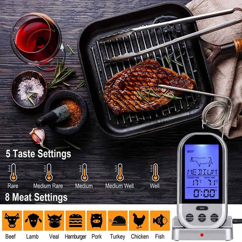Termómetro remoto para carne, termómetro inalámbrico para carne, termómetro digital para cocinar alimentos para barbacoa, cocina, parrilla, ahumador, horno, cocina