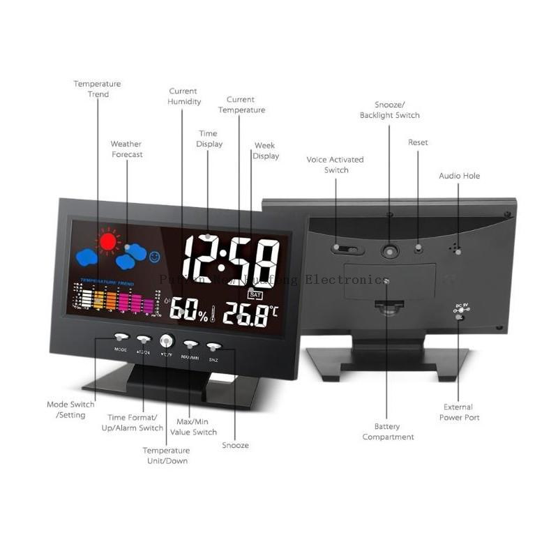 Reloj de control de sonido meteorológico con hora, fecha, semana, temperatura, humedad, función de pronóstico del tiempo