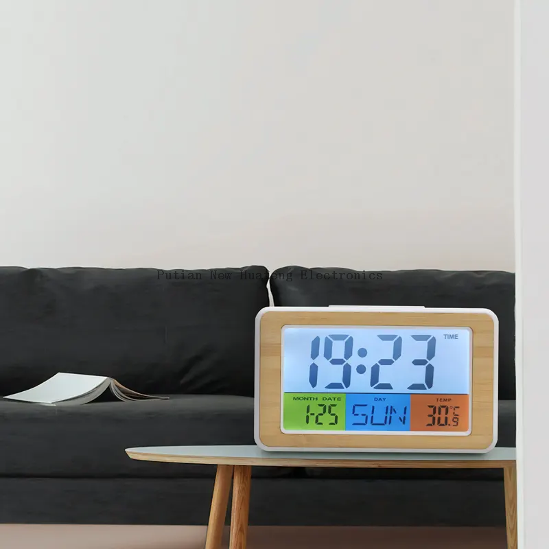 Reloj despertador Digital de bambú colorido profesional, venta al por mayor, con termómetro higrómetro para sala de estar, novedad de 2023